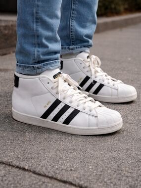 adidas White High-Top Sneakers with Black Stripes - Men's Size 7 Streetwear